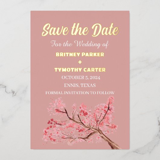 Cherry Blossom Bloemen Foto QR Code Bruiloft Folie Uitnodiging (Voorkant)