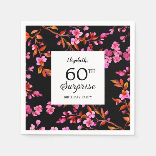 Cherry Blossom Bloemen Verrassing Zwart Verjaardag Servet (Voorkant)