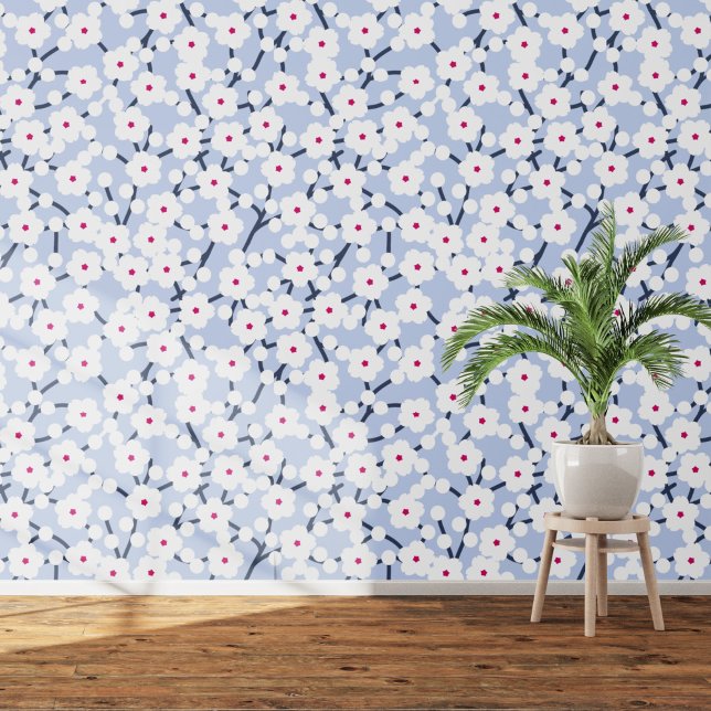 Cherry Blossom Bloemen Wit op Blauw Behang (White on blue cherry blossom art wallpaper)
