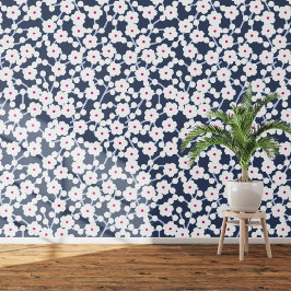 Cherry Blossom Bloemen Wit op Indigo Blauw Behang