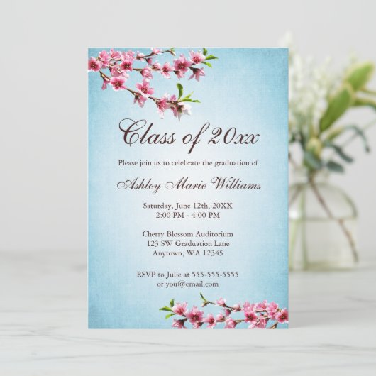 Cherry Blossom  Blue Afstuderen Kaart (Staand voorkant)