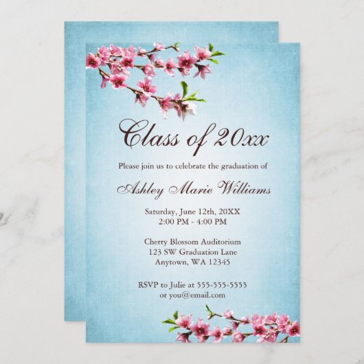 Cherry Blossom Blue Afstuderen Kaart (Voorkant / Achterkant)