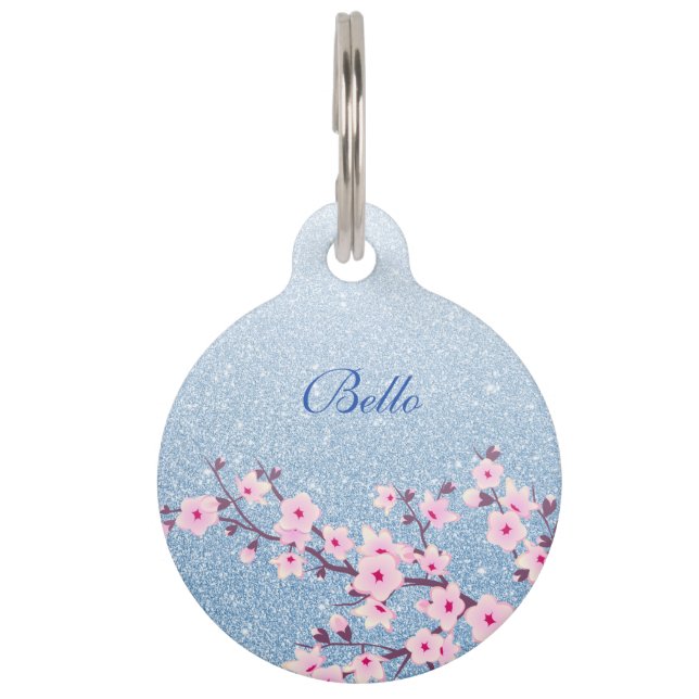 Cherry Blossom Blue Glitter Add Name Huisdierpenning (Voorkant)
