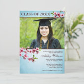 Cherry Blossom  Blue Photo Afstuderen Kaart (Staand voorkant)