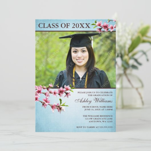 Cherry Blossom  Blue Photo Afstuderen Kaart (Staand voorkant)