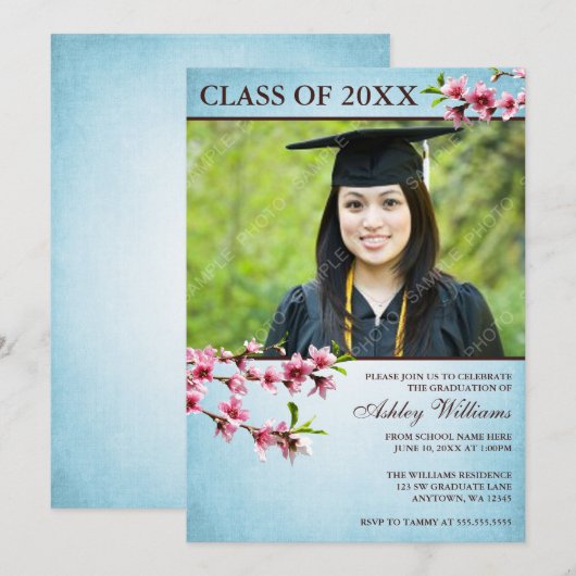 Cherry Blossom  Blue Photo Afstuderen Kaart (Voorkant / Achterkant)