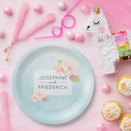 Cherry Blossom Blue Waterverf Trouwpapier Bord (Feest)