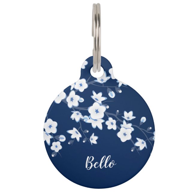 Cherry Blossom Blue White personaliseren Huisdierpenning (Voorkant)