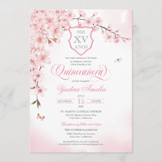 Cherry Blossom Blush Pink Quinceañera Uitnodiging (Voorkant)
