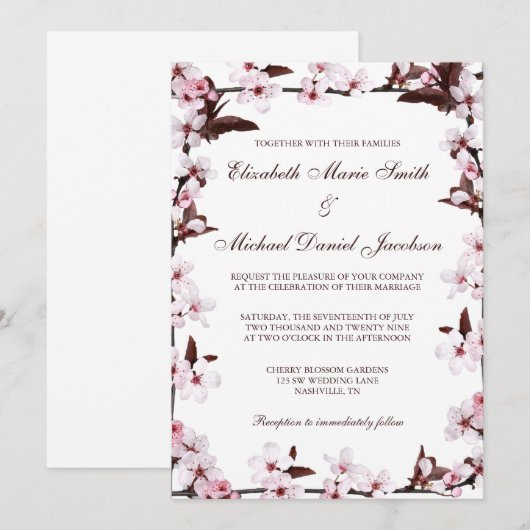 Cherry Blossom Border Wedding Kaart (Voorkant / Achterkant)