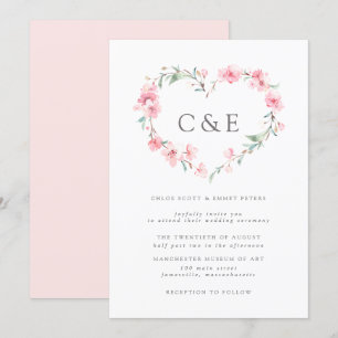 Cherry Blossom Botanical Heart Monogram Weddenscha Kaart