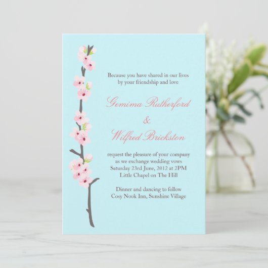 Cherry Blossom Branch Invitation (blauw) Kaart (Staand voorkant)