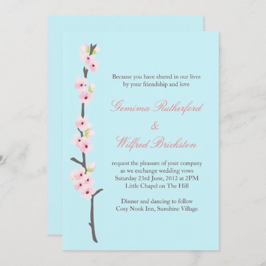Cherry Blossom Branch Invitation (blauw) Kaart (Voorkant / Achterkant)