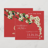 Cherry Blossom Branch Red Save the Date Kaart (Voorkant / Achterkant)