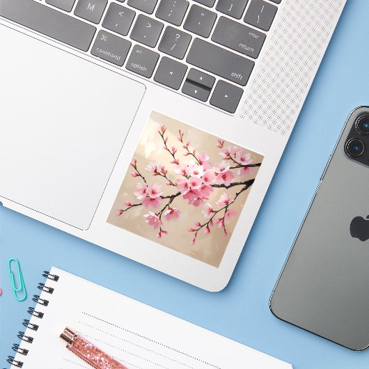 Cherry Blossom Branches Art – Elegante roze Sakura Sticker (Laptop met iPhone)