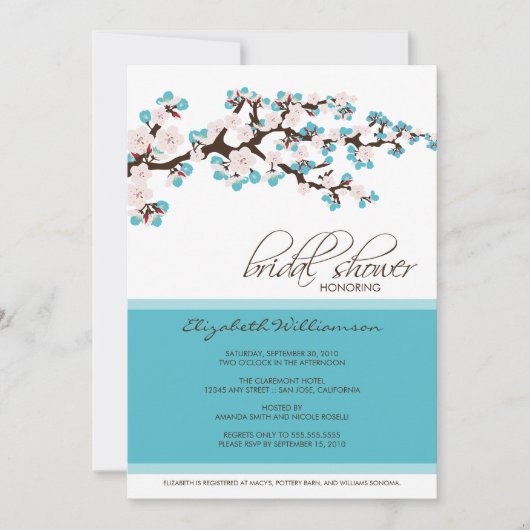 Cherry Blossom Bridal Shower Invitation (aqua) Kaart (Voorkant)