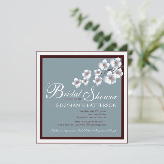 Cherry Blossom Bridal Shower Invitation Blue Brown Kaart (Staand voorkant)