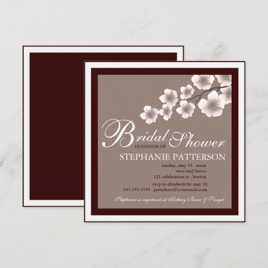 Cherry Blossom Bridal Shower Invitation PInk Brown Kaart (Voorkant / Achterkant)