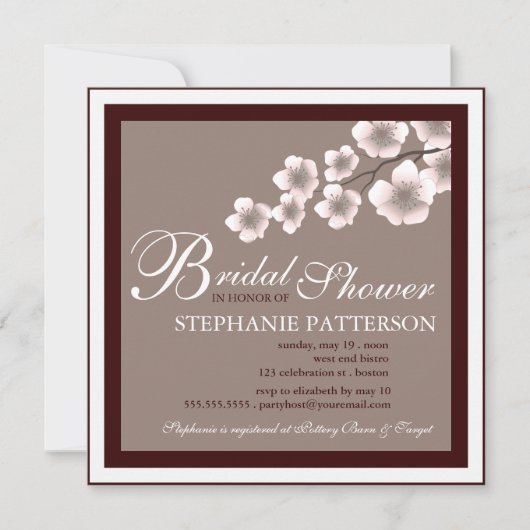 Cherry Blossom Bridal Shower Invitation PInk Brown Kaart (Voorkant)