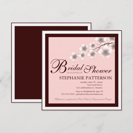 Cherry Blossom Bridal Shower Invitation PInk Brown Kaart (Voorkant / Achterkant)