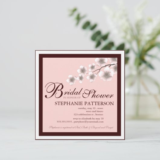 Cherry Blossom Bridal Shower Invitation PInk Brown Kaart (Staand voorkant)