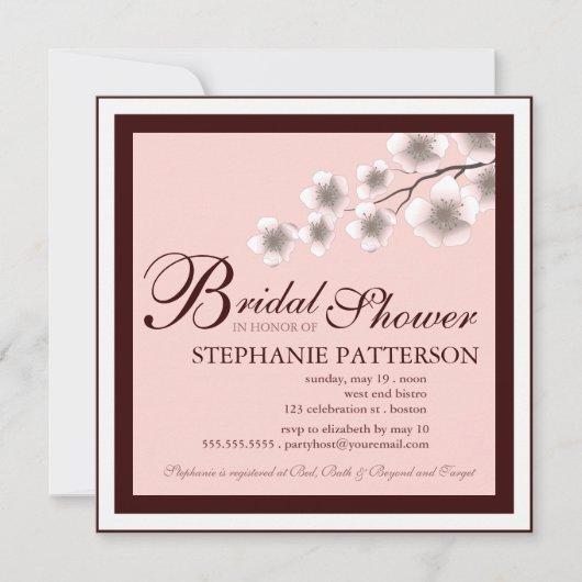 Cherry Blossom Bridal Shower Invitation PInk Brown Kaart (Voorkant)