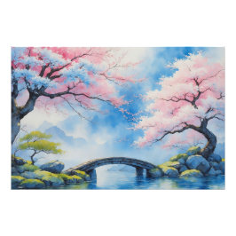 Cherry Blossom Bridge Waterverf Art Print Foto Afdruk