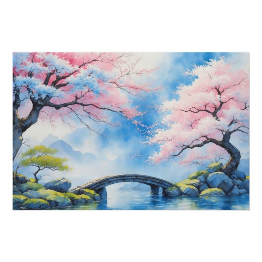 Cherry Blossom Bridge Waterverf Art Print Foto Afdruk (Voorkant)