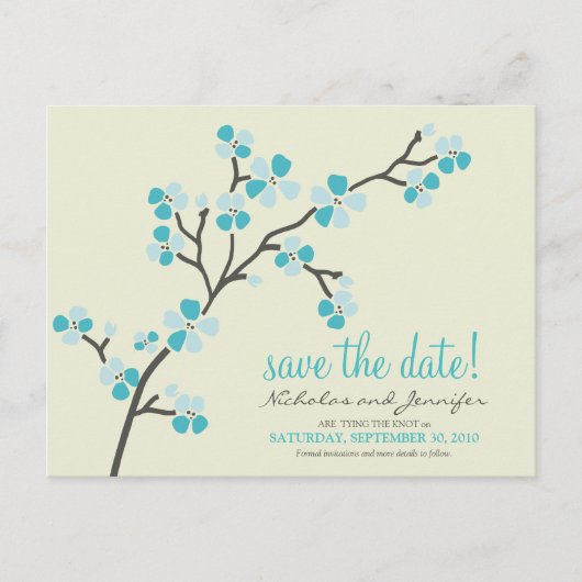 Cherry Blossom BRIEFKAART Save the Date (aqua) (Voorkant)