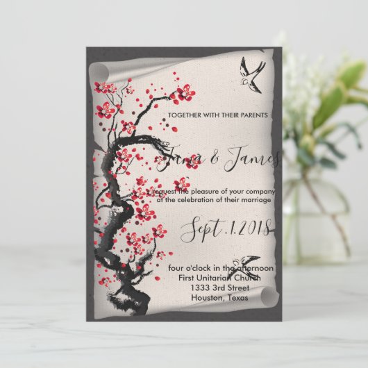  Cherry Blossom bruiloft Kaart (Staand voorkant)