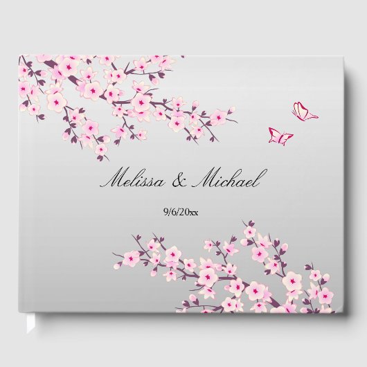 Cherry Blossom Butterflies Pink Grey | Weddenschap Gastenboek (Voorkant)