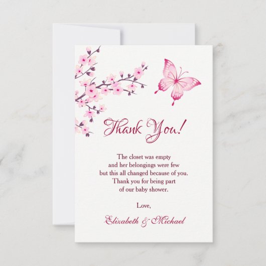 Cherry Blossom Butterfly | Baby shower Hartelijk d Bedankkaart (Voorkant)