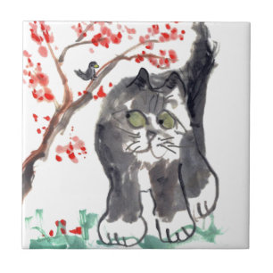 Cherry Blossom Cat en Bird Tegeltje