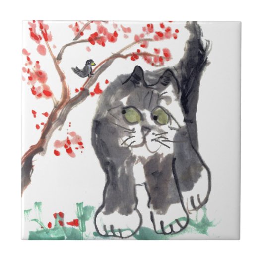 Cherry Blossom Cat en Bird Tegeltje (Voorkant)