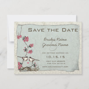 Cherry Blossom Chickadee Damask Save the Date Kaart