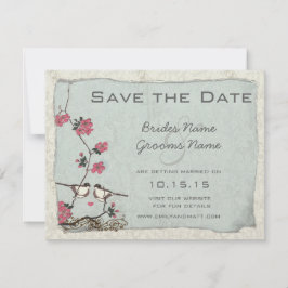 Cherry Blossom Chickadee Damask Save the Date Kaart