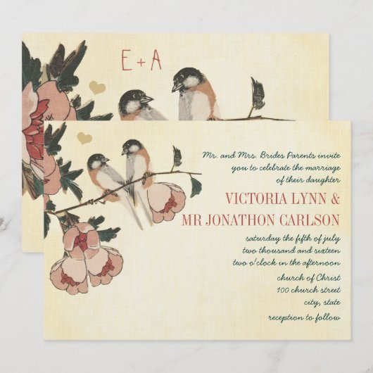  Cherry Blossom Chickadee Damask Wedding Kaart (Voorkant / Achterkant)