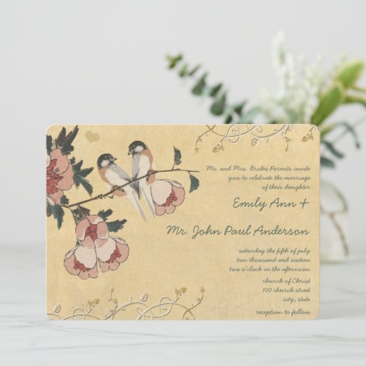 Cherry Blossom Chickadee Damask Wedding Kaart (Staand voorkant)