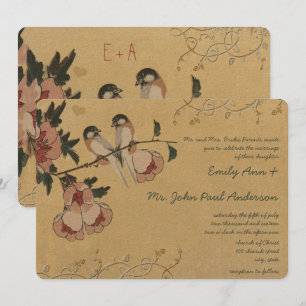  Cherry Blossom Chickadee Damask Wedding Kaart