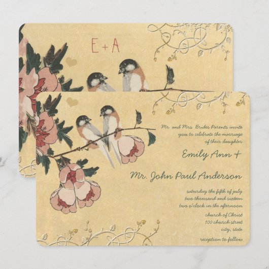  Cherry Blossom Chickadee Damask Wedding Kaart (Voorkant / Achterkant)