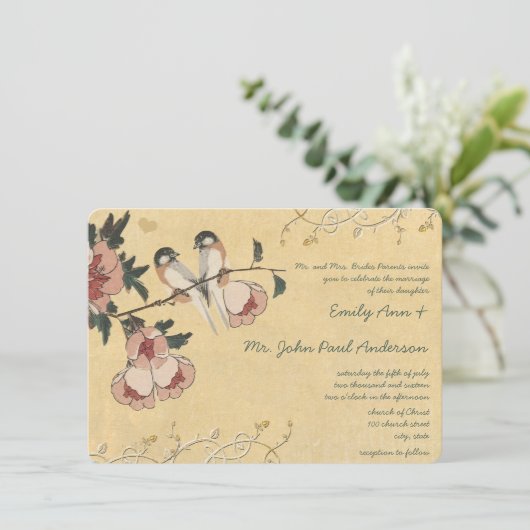  Cherry Blossom Chickadee Damask Wedding Kaart (Staand voorkant)