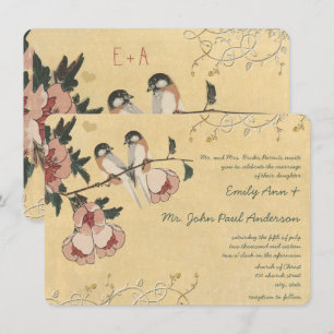Cherry Blossom Chickadee Damask Wedding Kaart