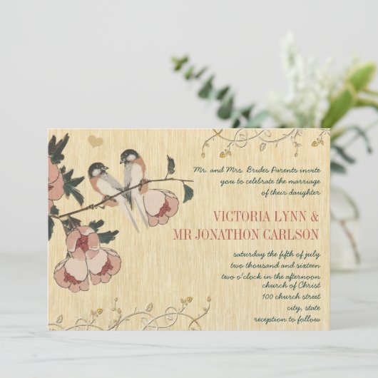  Cherry Blossom Chickadee Damask Wedding Kaart (Staand voorkant)