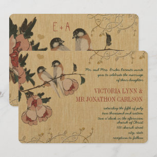 Cherry Blossom Chickadee Damask Wedding Kaart