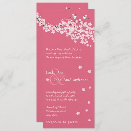  Cherry Blossom Chickadee Damask Wedding Kaart (Voorkant / Achterkant)