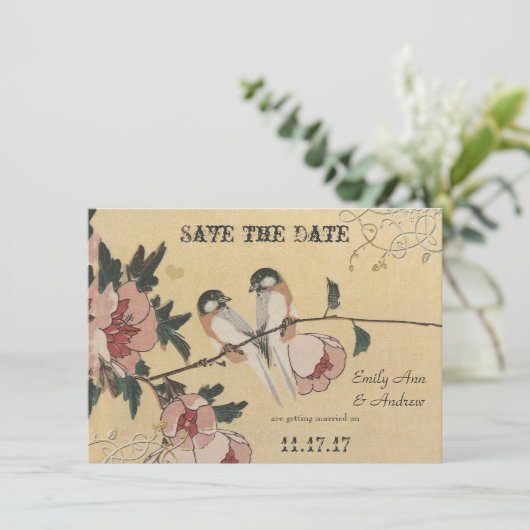  Cherry Blossom Chickadee Damask Wedding Kaart (Staand voorkant)