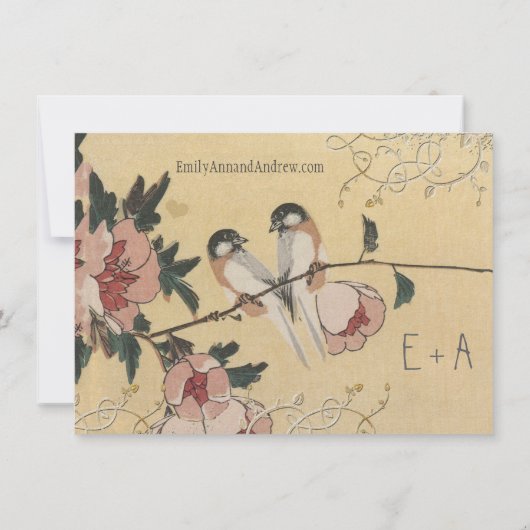  Cherry Blossom Chickadee Damask Wedding Kaart (Achterkant)