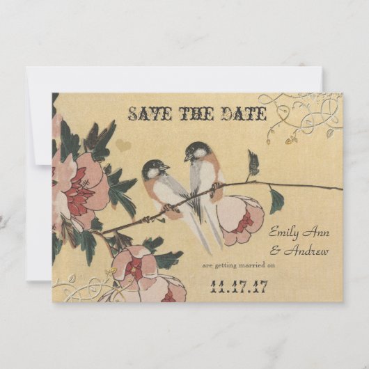  Cherry Blossom Chickadee Damask Wedding Kaart (Voorkant)