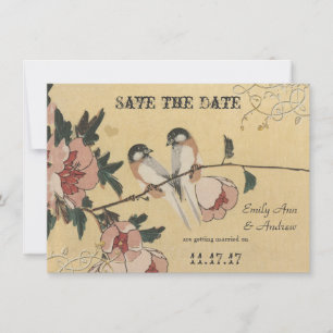 Cherry Blossom Chickadee Damask Wedding Kaart