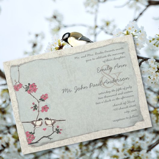  Cherry Blossom Chickadee Damask Wedding Kaart